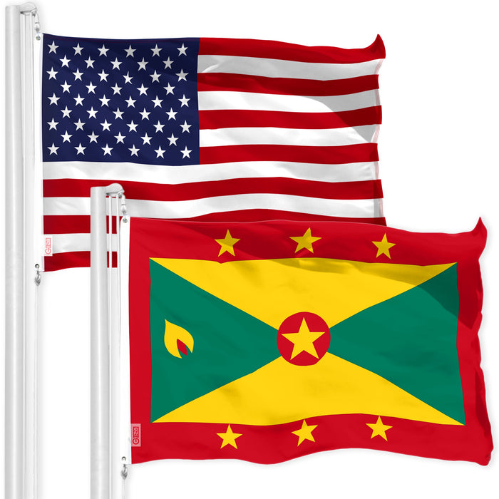 G128 Combo Pack: American USA Flag 3x5 Ft & Grenada Grenadian Flag 3x5 Ft | Both LiteWeave Pro Series Printed 150D Polyester, Brass Grommets