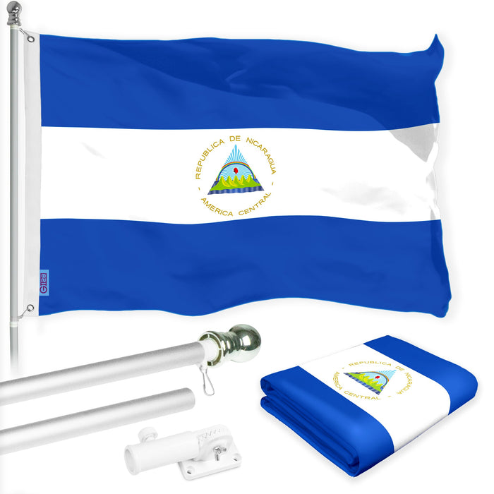 G128 Combo Pack: 6 Ft Tangle Free Aluminum Spinning Flagpole (Silver) & Nicaragua Nicaraguan Flag 3x5 Ft, LiteWeave Pro Series Printed 150D Polyester | Pole with Flag Included