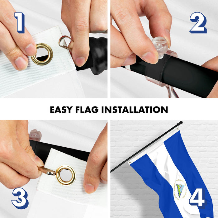 G128 Combo Pack: 6 Ft Tangle Free Aluminum Spinning Flagpole (Black) & Nicaragua Nicaraguan Flag 3x5 Ft, LiteWeave Pro Series Printed 150D Polyester | Pole with Flag Included