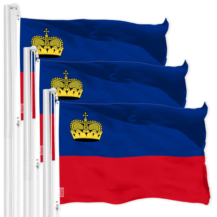 G128 3 Pack: Liechtenstein Liechtensteiner Flag | 3x5 Ft | LiteWeave Pro Series Printed 150D Poly | Country Flag, Indoor/Outdoor, Vibrant Colors, Brass Grommets, Thicker and More Durable Than 100D 75D