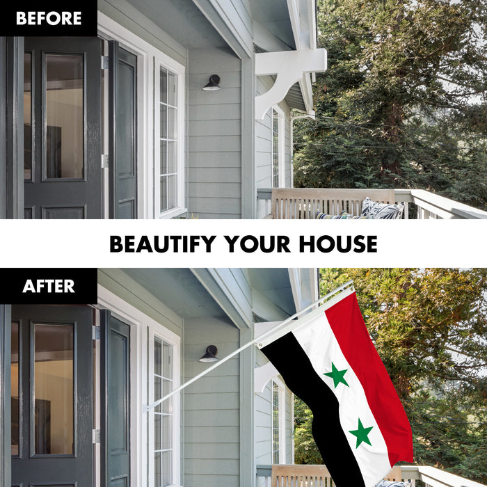 G128 Combo Pack: 6 Ft Tangle Free Aluminum Spinning Flagpole (White) & Syria Syrian Flag 3x5 Ft, LiteWeave Pro Series Printed 150D Polyester | Pole with Flag Included