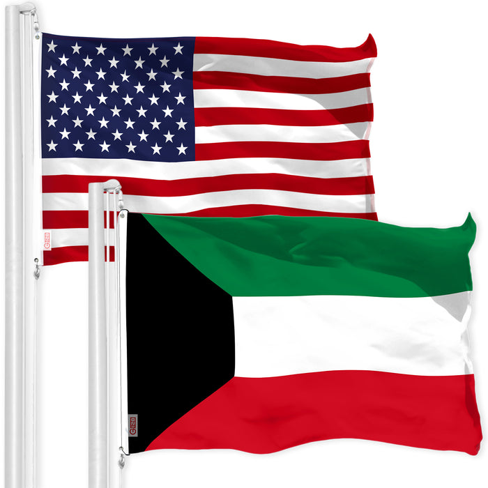 G128 Combo Pack: American USA Flag 3x5 Ft & Kuwait Kuwaiti Flag 3x5 Ft | Both LiteWeave Pro Series Printed 150D Polyester, Brass Grommets