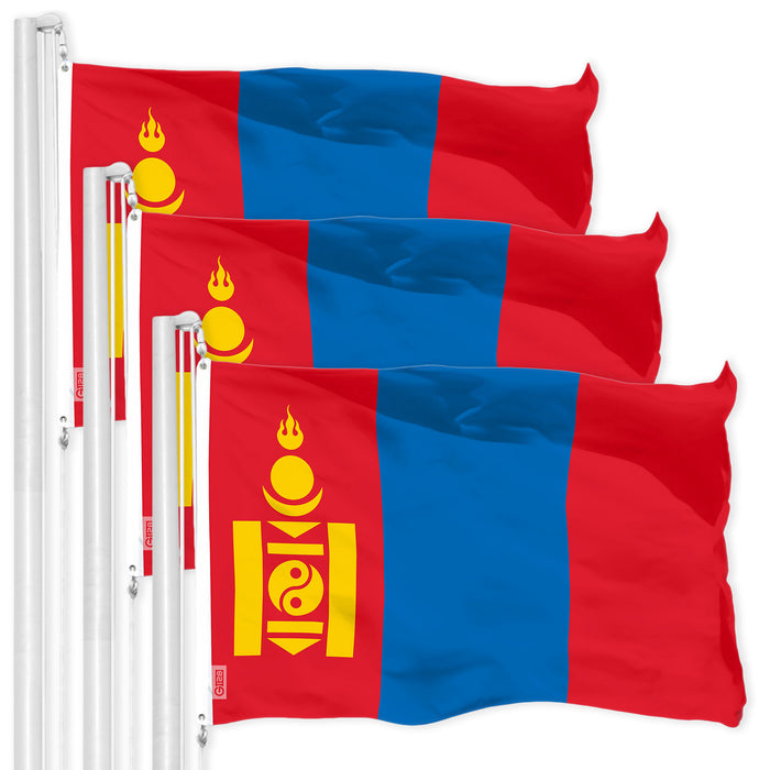G128 3 Pack: Mongolia Mongolian Flag | 3x5 Ft | LiteWeave Pro Series Printed 150D Polyester | Country Flag, Indoor/Outdoor, Vibrant Colors, Brass Grommets, Thicker and More Durable Than 100D 75D Poly