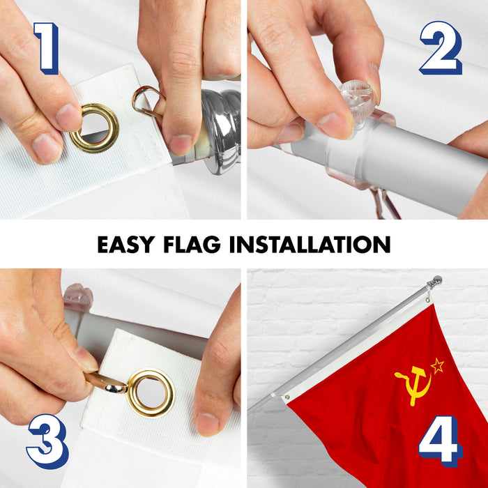 G128 Combo Pack: 6 Ft Tangle Free Aluminum Spinning Flagpole (Silver) & Union of Soviet Socialist Republics USSR Flag 3x5 Ft, LiteWeave Pro Series Printed 150D Polyester | Pole with Flag Included