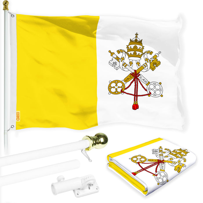 G128 Combo Pack: 6 Ft Tangle Free Aluminum Spinning Flagpole (White) & Vatican City Flag 3x5 Ft, LiteWeave Pro Series Printed 150D Polyester | Pole with Flag Included