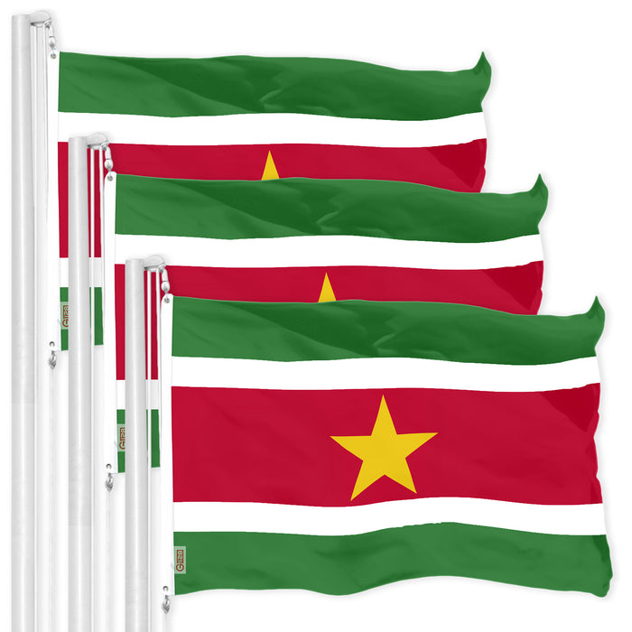 G128 3 Pack: Suriname Surinamese Flag | 3x5 Ft | LiteWeave Pro Series Printed 150D Polyester | Country Flag, Indoor/Outdoor, Vibrant Colors, Brass Grommets, Thicker and More Durable Than 100D 75D Poly