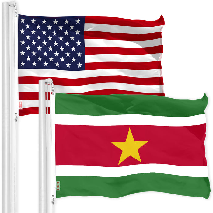 G128 Combo Pack: American USA Flag 3x5 Ft & Suriname Surinamese Flag 3x5 Ft | Both LiteWeave Pro Series Printed 150D Polyester, Brass Grommets