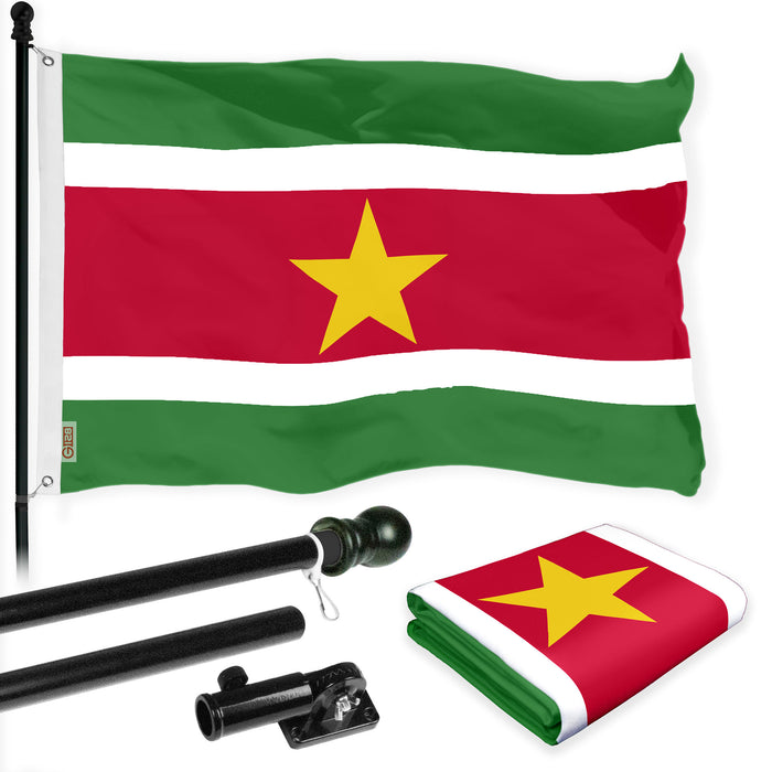 G128 Combo Pack: 6 Ft Tangle Free Aluminum Spinning Flagpole (Black) & Suriname Surinamese Flag 3x5 Ft, LiteWeave Pro Series Printed 150D Polyester | Pole with Flag Included