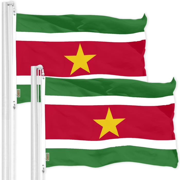 G128 2 Pack: Suriname Surinamese Flag | 3x5 Ft | LiteWeave Pro Series Printed 150D Polyester | Country Flag, Indoor/Outdoor, Vibrant Colors, Brass Grommets, Thicker and More Durable Than 100D 75D Poly