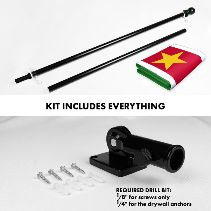 G128 Combo Pack: 6 Ft Tangle Free Aluminum Spinning Flagpole (Black) & Suriname Surinamese Flag 3x5 Ft, LiteWeave Pro Series Printed 150D Polyester | Pole with Flag Included