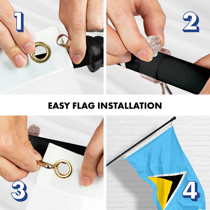 G128 Combo Pack: 6 Ft Tangle Free Aluminum Spinning Flagpole (Black) & Saint Lucia Saint Lucian Flag 3x5 Ft, LiteWeave Pro Series Printed 150D Polyester | Pole with Flag Included