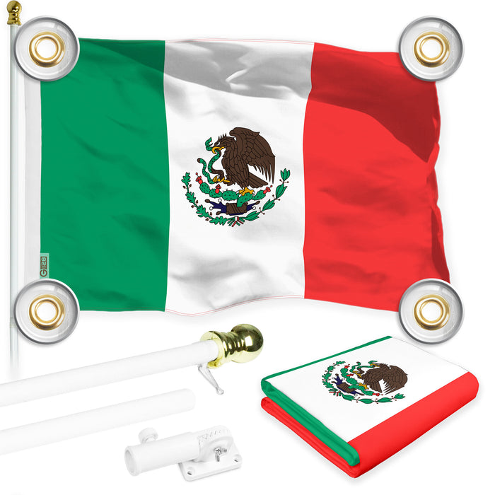 G128 Combo Pack: 6 Ft Tangle Free Aluminum Spinning Flagpole (White) & Mexico Mexican Flag 3x5 Ft, LiteWeave Pro Series Printed 150D Polyester, 4 Corner Brass Grommets | Pole with Flag Included