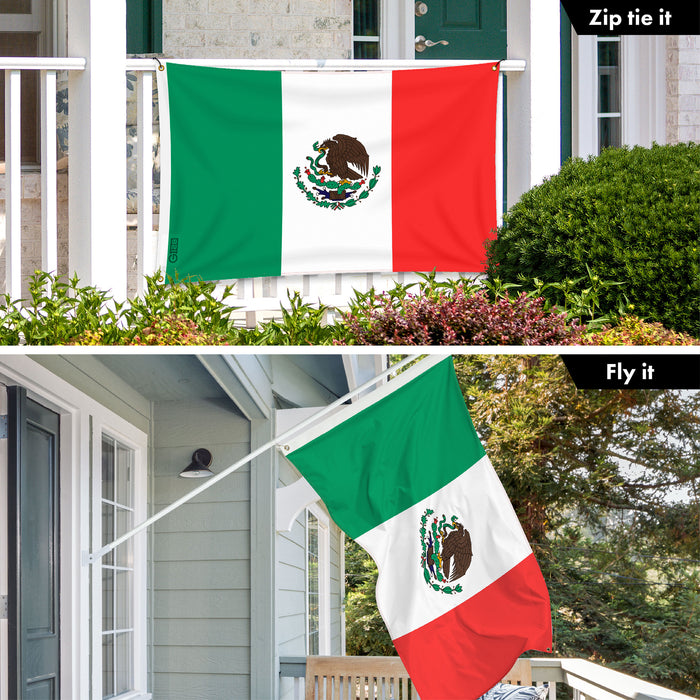 G128 Combo Pack: 6 Ft Tangle Free Aluminum Spinning Flagpole (White) & Mexico Mexican Flag 3x5 Ft, LiteWeave Pro Series Printed 150D Polyester, 4 Corner Brass Grommets | Pole with Flag Included