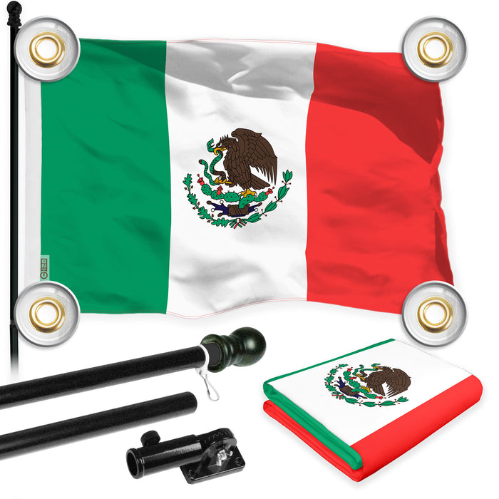 G128 Combo Pack: 6 Ft Tangle Free Aluminum Spinning Flagpole (Black) & Mexico Mexican Flag 3x5 Ft, LiteWeave Pro Series Printed 150D Polyester, 4 Corner Brass Grommets | Pole with Flag Included