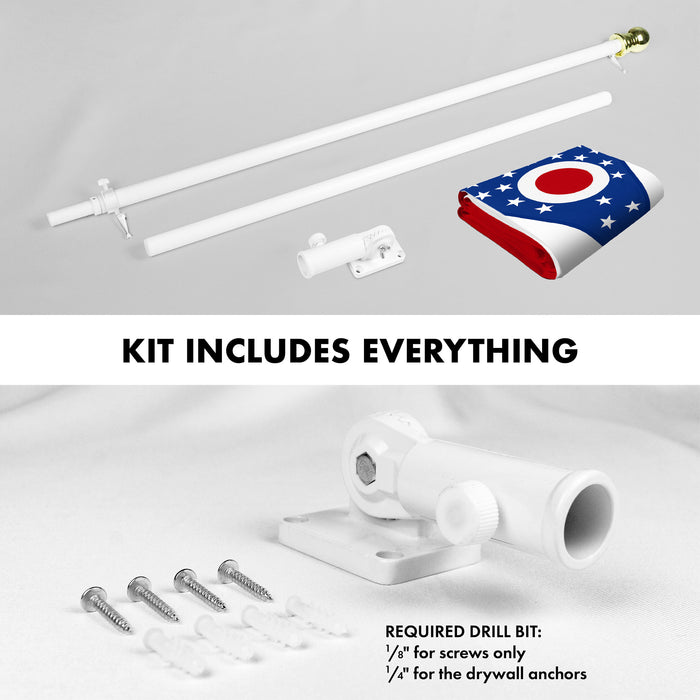 G128 Combo Pack: 5 Ft Tangle Free Aluminum Spinning Flagpole (White) & Ohio OH State Flag 2x3 Ft, StormFlyer Series Embroidered 220GSM Spun Polyester | Pole with Flag Included