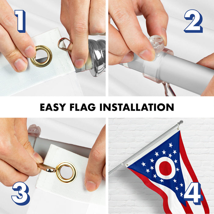 G128 Combo Pack: 5 Ft Tangle Free Aluminum Spinning Flagpole (Silver) & Ohio OH State Flag 2.5x4 Ft, StormFlyer Series Embroidered 220GSM Spun Polyester | Pole with Flag Included