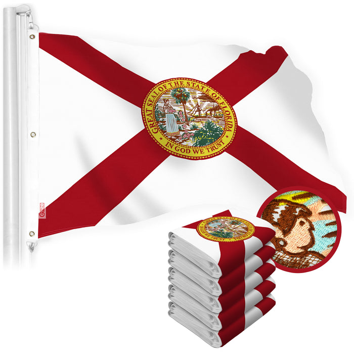 G128 5 Pack: Florida FL State Flag | 6x10 Ft | StormFlyer Series Embroidered 220GSM Spun Polyester | Embroidered Design, Indoor/Outdoor, Brass Grommets, Heavy Duty, All Weather