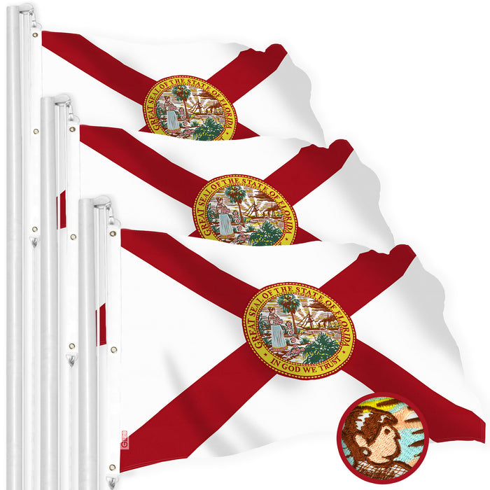 G128 3 Pack: Florida FL State Flag | 6x10 Ft | StormFlyer Series Embroidered 220GSM Spun Polyester | Embroidered Design, Indoor/Outdoor, Brass Grommets, Heavy Duty, All Weather