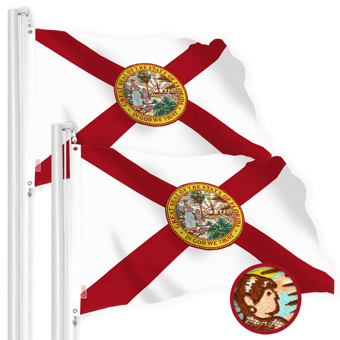 G128 2 Pack: Florida FL State Flag | 2x3 Ft | StormFlyer Series Embroidered 220GSM Spun Polyester | Embroidered Design, Indoor/Outdoor, Brass Grommets, Heavy Duty, All Weather
