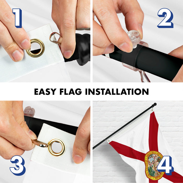 G128 Combo Pack: 5 Ft Tangle Free Aluminum Spinning Flagpole (Black) & Florida FL State Flag 2x3 Ft, ToughWeave Series Embroidered 210D Polyester | Pole with Flag Included