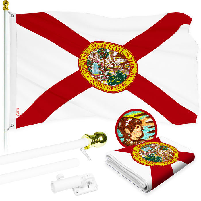 G128 Combo Pack: 5 Ft Tangle Free Aluminum Spinning Flagpole (White) & Florida FL State Flag 2.5x4 Ft, ToughWeave Series Embroidered 210D Polyester | Pole with Flag Included