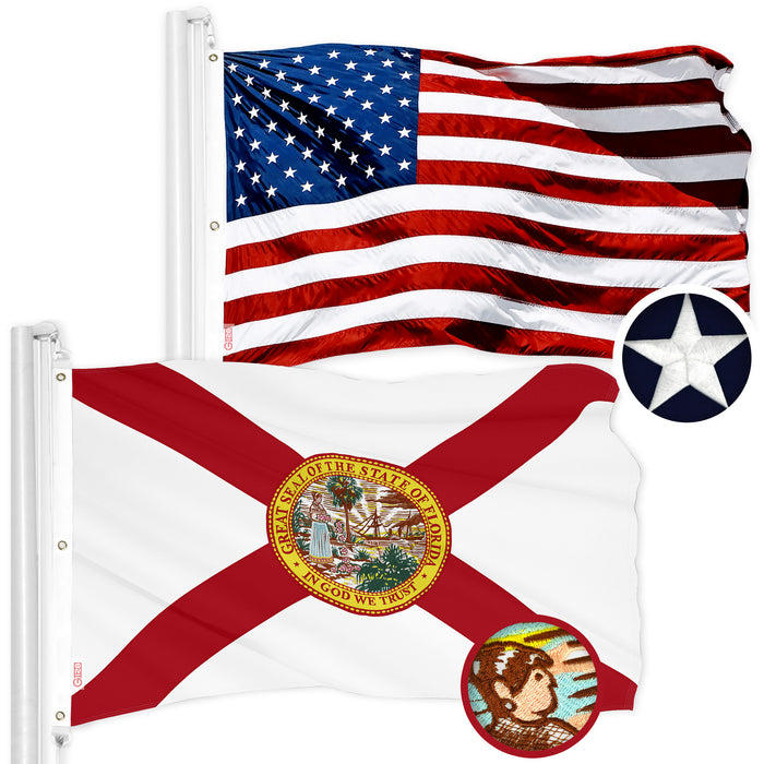 G128 Combo Pack: American USA Flag 5x8 Ft & Florida FL State Flag 5x8 Ft | Both ToughWeave Series Embroidered 210D Polyester, Embroidered Design, Indoor/Outdoor, Vibrant Colors, Brass Grommets