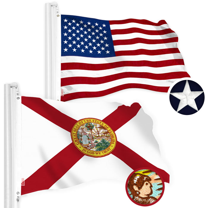 G128 Combo Pack: American USA Flag 2.5x4 Ft & Florida FL State Flag 2.5x4 Ft | Both StormFlyer Series Embroidered 220GSM Spun Polyester, Brass Grommets