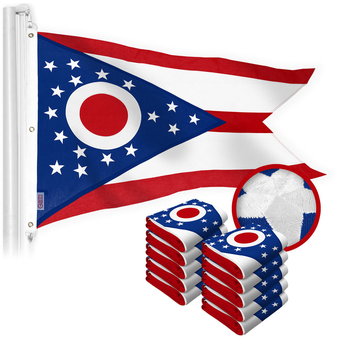 G128 10 Pack: Ohio OH State Flag | 5x8 Ft | StormFlyer Series Embroidered 220GSM Spun Polyester | Embroidered Design, Indoor/Outdoor, Brass Grommets, Heavy Duty, All Weather