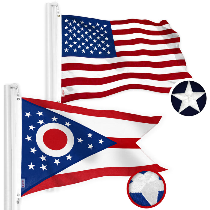 G128 Combo Pack: American USA Flag 2x3 Ft & Ohio OH State Flag 2x3 Ft | Both StormFlyer Series Embroidered 220GSM Spun Polyester, Brass Grommets