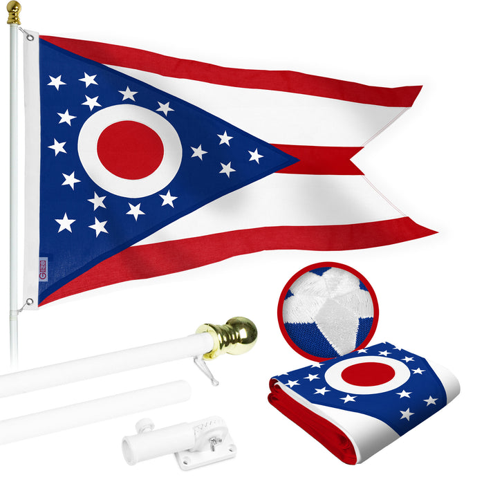 G128 Combo Pack: 5 Ft Tangle Free Aluminum Spinning Flagpole (White) & Ohio OH State Flag 2x3 Ft, StormFlyer Series Embroidered 220GSM Spun Polyester | Pole with Flag Included