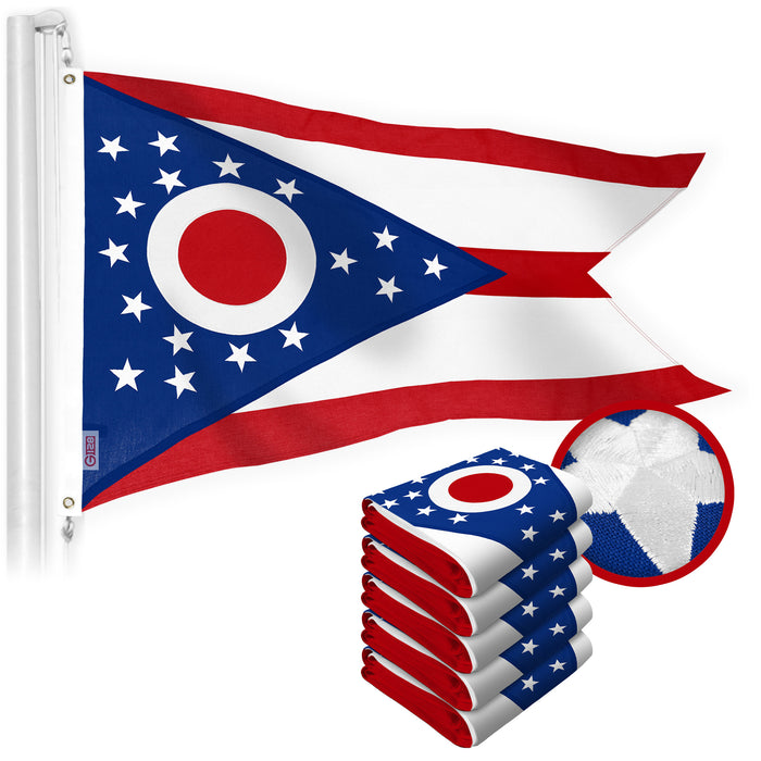 G128 5 Pack: Ohio OH State Flag | 2x3 Ft | StormFlyer Series Embroidered 220GSM Spun Polyester | Embroidered Design, Indoor/Outdoor, Brass Grommets, Heavy Duty, All Weather