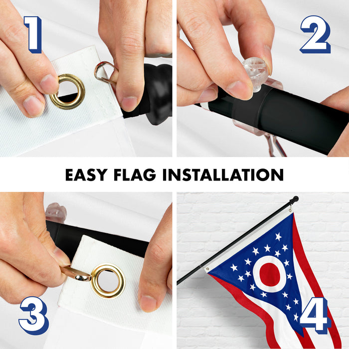 G128 Combo Pack: 6 Ft Tangle Free Aluminum Spinning Flagpole (Black) & Ohio OH State Flag 3x5 Ft, StormFlyer Series Embroidered 220GSM Spun Polyester | Pole with Flag Included