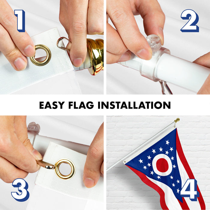 G128 Combo Pack: 6 Ft Tangle Free Aluminum Spinning Flagpole (White) & Ohio OH State Flag 3x5 Ft, StormFlyer Series Embroidered 220GSM Spun Polyester | Pole with Flag Included