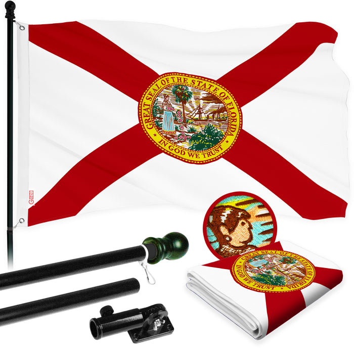 G128 Combo Pack: 5 Ft Tangle Free Aluminum Spinning Flagpole (Black) & Florida FL State Flag 2x3 Ft, ToughWeave Series Embroidered 210D Polyester | Pole with Flag Included