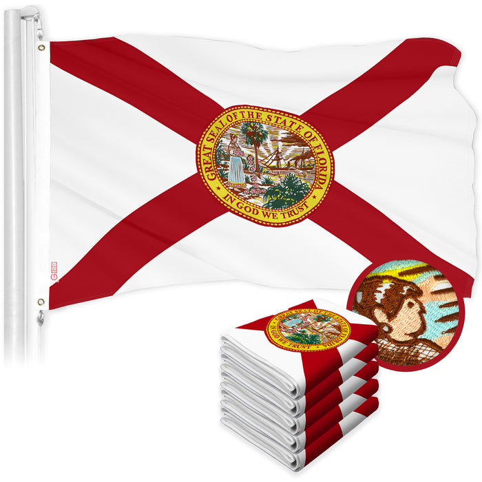 G128 5 Pack: Florida FL State Flag | 2x3 Ft | ToughWeave Series Embroidered 210D Polyester | Embroidered Design, Indoor/Outdoor, Vibrant Colors, Brass Grommets
