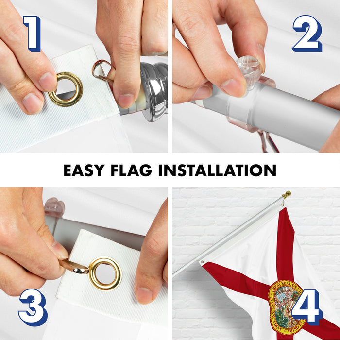 G128 Combo Pack: 6 Ft Tangle Free Aluminum Spinning Flagpole (Silver) & Florida FL State Flag 3x5 Ft, StormFlyer Series Embroidered 220GSM Spun Polyester | Pole with Flag Included