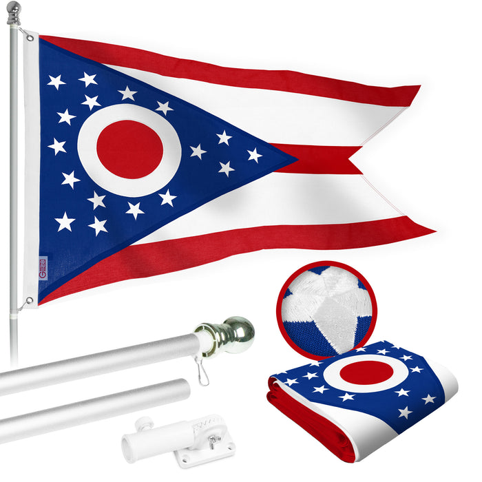 G128 Combo Pack: 5 Ft Tangle Free Aluminum Spinning Flagpole (Silver) & Ohio OH State Flag 2x3 Ft, StormFlyer Series Embroidered 220GSM Spun Polyester | Pole with Flag Included