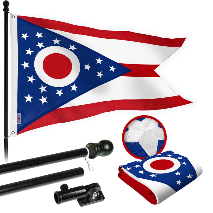 G128 Combo Pack: 5 Ft Tangle Free Aluminum Spinning Flagpole (Black) & Ohio OH State Flag 2x3 Ft, StormFlyer Series Embroidered 220GSM Spun Polyester | Pole with Flag Included