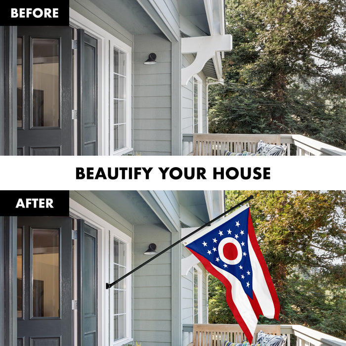 G128 Combo Pack: 5 Ft Tangle Free Aluminum Spinning Flagpole (Black) & Ohio OH State Flag 2.5x4 Ft, StormFlyer Series Embroidered 220GSM Spun Polyester | Pole with Flag Included
