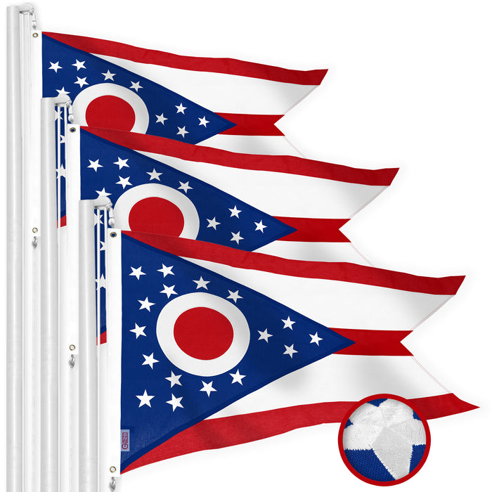 G128 3 Pack: Ohio OH State Flag | 1x1.5 Ft | StormFlyer Series Embroidered 220GSM Spun Polyester | Embroidered Design, Indoor/Outdoor, Brass Grommets, Heavy Duty, All Weather