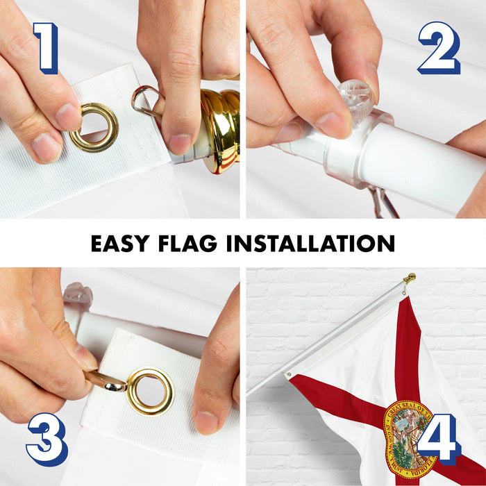 G128 Combo Pack: 5 Ft Tangle Free Aluminum Spinning Flagpole (White) & Florida FL State Flag 2.5x4 Ft, StormFlyer Series Embroidered 220GSM Spun Polyester | Pole with Flag Included