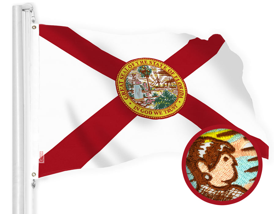 G128 Florida FL State Flag | 3x5 Ft | StormFlyer Series Embroidered 220GSM Spun Polyester | Embroidered Design, Indoor/Outdoor, Brass Grommets, Heavy Duty, All Weather