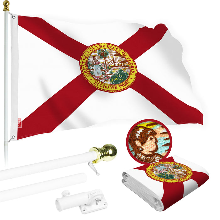 G128 Combo Pack: 5 Ft Tangle Free Aluminum Spinning Flagpole (White) & Florida FL State Flag 2.5x4 Ft, StormFlyer Series Embroidered 220GSM Spun Polyester | Pole with Flag Included