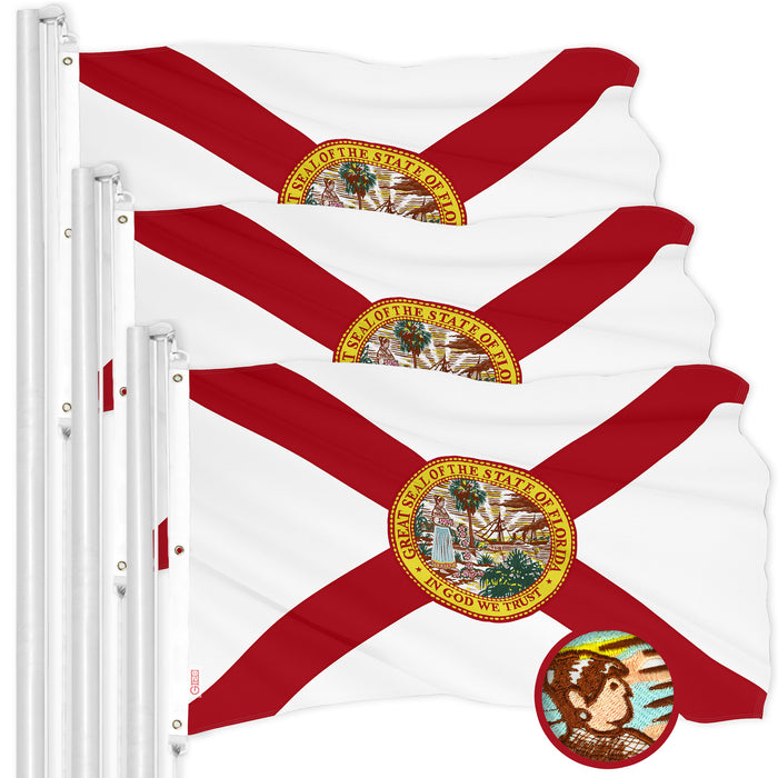 G128 3 Pack: Florida FL State Flag | 5x8 Ft | ToughWeave Series Embroidered 210D Polyester | Embroidered Design, Indoor/Outdoor, Vibrant Colors, Brass Grommets