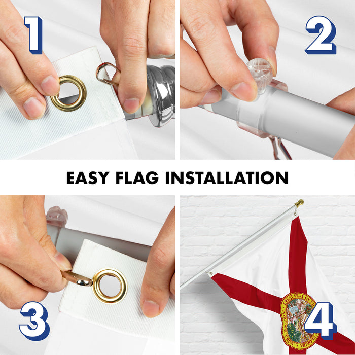 G128 Combo Pack: 5 Ft Tangle Free Aluminum Spinning Flagpole (Silver) & Florida FL State Flag 2x3 Ft, ToughWeave Series Embroidered 210D Polyester | Pole with Flag Included