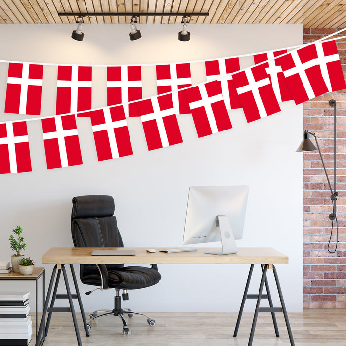 G128 Denmark Danish Bunting Banner | Flag 8.2 x 5.5 Inch, Full String 33 Feet | Printed 150D Polyester, Decorations For Bar, School, Festival Events Celebration