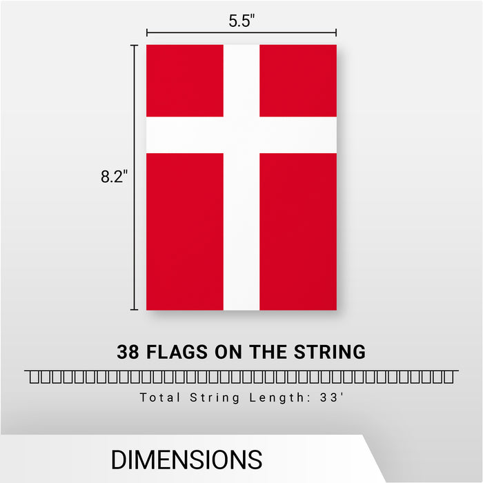 G128 Denmark Danish Bunting Banner | Flag 8.2 x 5.5 Inch, Full String 33 Feet | Printed 150D Polyester, Decorations For Bar, School, Festival Events Celebration
