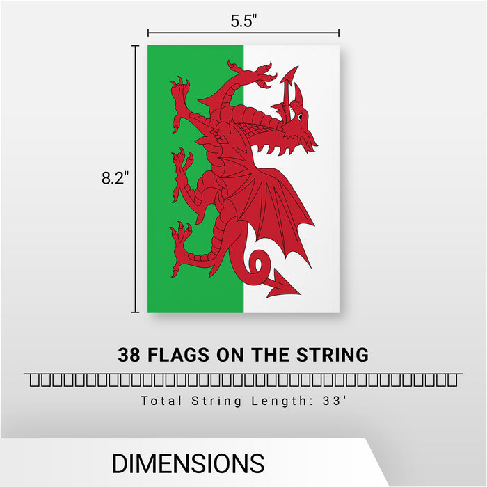G128 Wales Welsh Bunting Banner | Flag 8.2 x 5.5 Inch, Full String 33 Feet | Printed 150D Polyester, Decorations For Bar, School, Festival Events Celebration