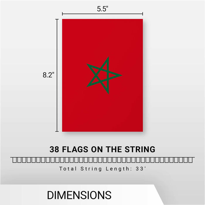 G128 Morocco Moroccan Bunting Banner | Flag 8.2 x 5.5 Inch, Full String 33 Feet | Printed 150D Polyester, Decorations For Bar, School, Festival Events Celebration