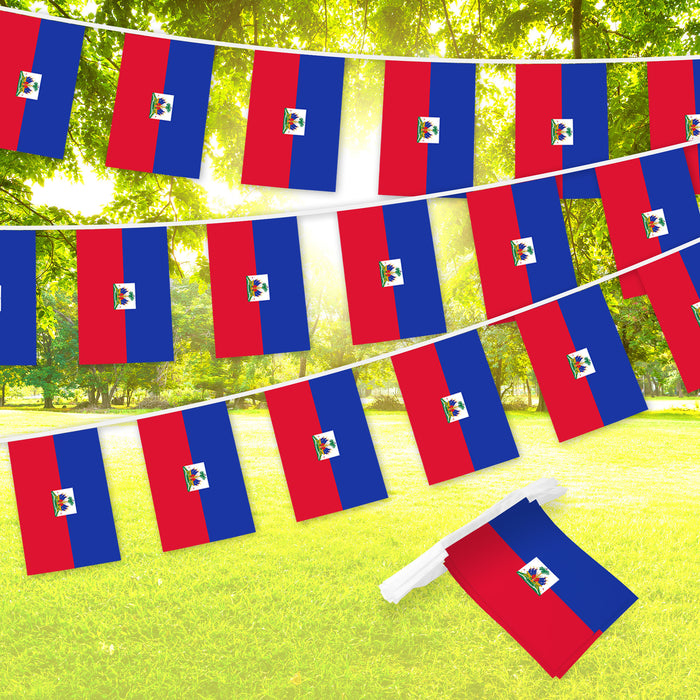 G128 Haiti Haitian Bunting Banner | Flag 8.2 x 5.5 Inch, Full String 33 Feet | Printed 150D Polyester, Decorations For Bar, School, Festival Events Celebration